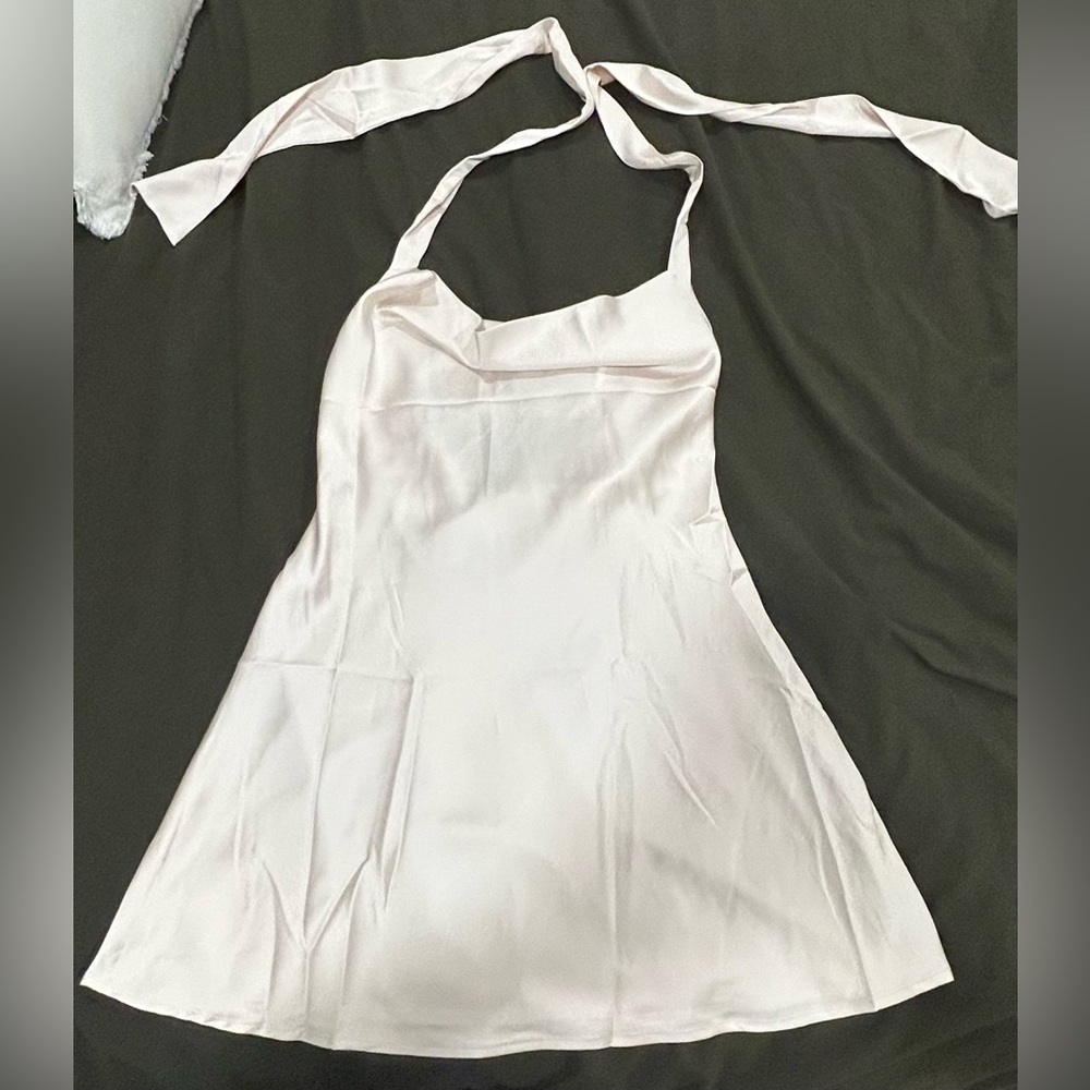 New Satin Backless Cowl Neck Tie Dress